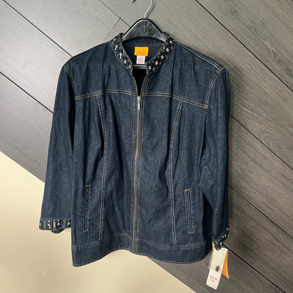 Ruby Rd. Womens Embellished Denim Jacket Plus Size 18W Dark Wash NWT BOHO